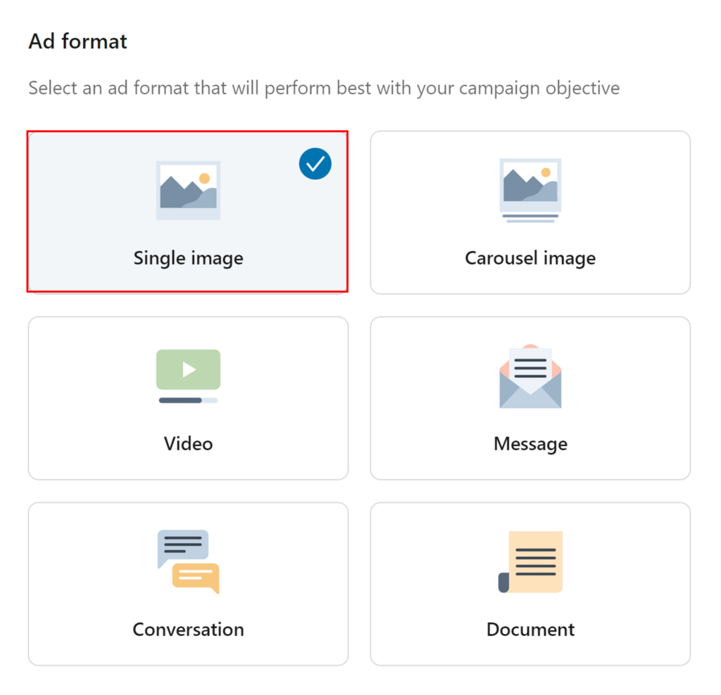 LinkedIn campaign manager - Ad format tab