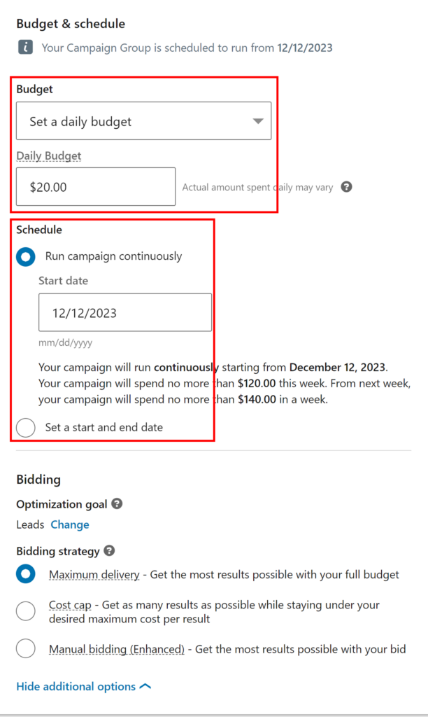 LinkedIn campaign manager - Budget & schedule tab
