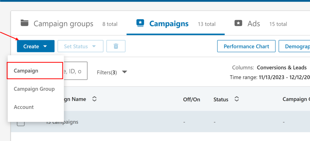 LinkedIn Campaign Manager - Campaign groups tab